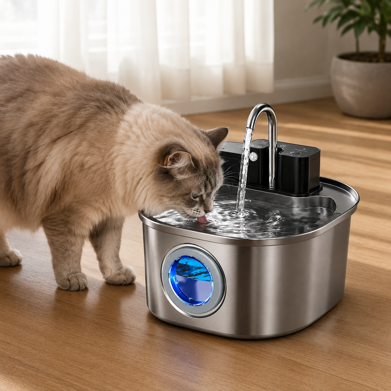 Chat à poils longs buvant dans une fontaine à eau en acier inoxydable