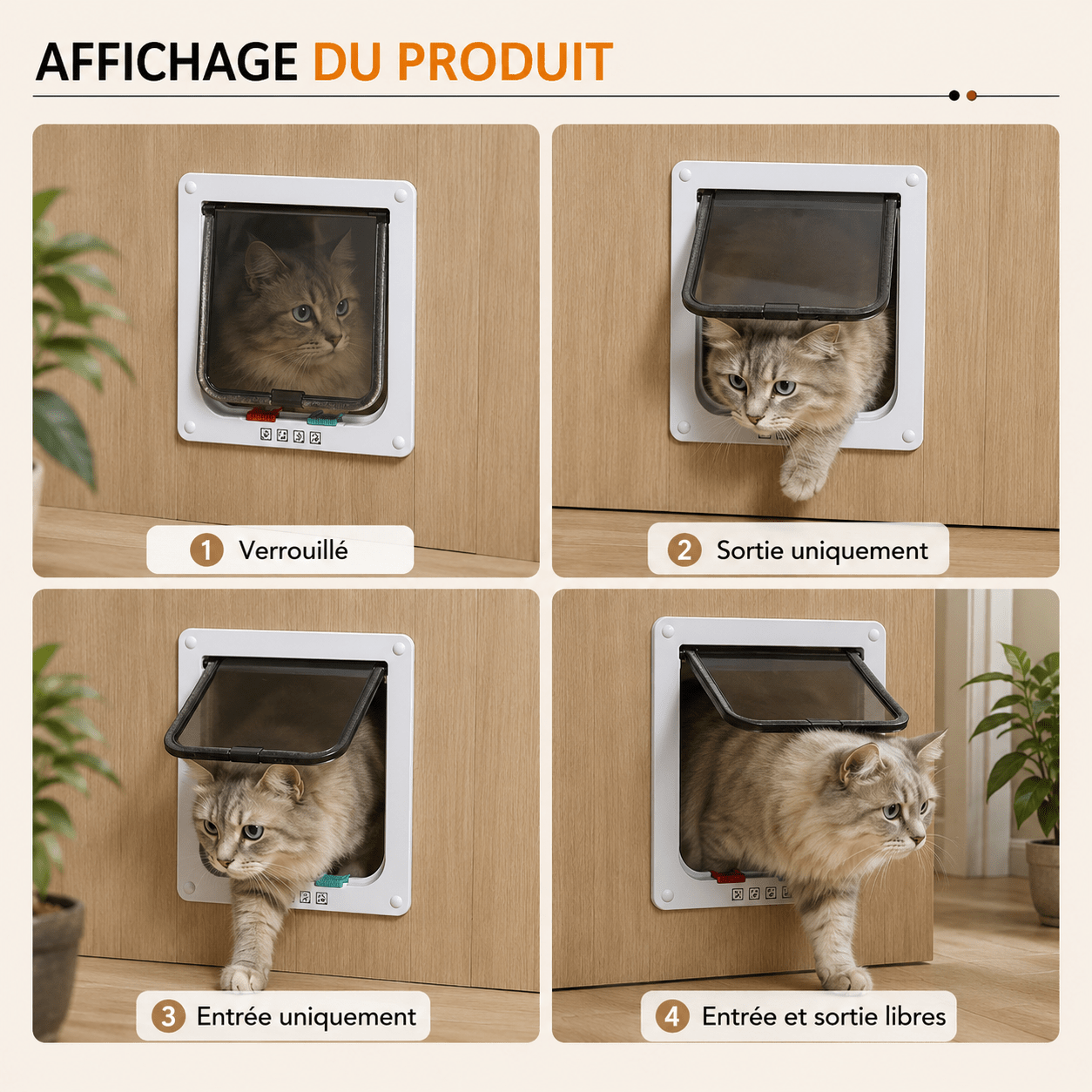 Chat à poils longs sortant par la chatière