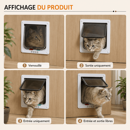 Chat à poils longs sortant par la chatière