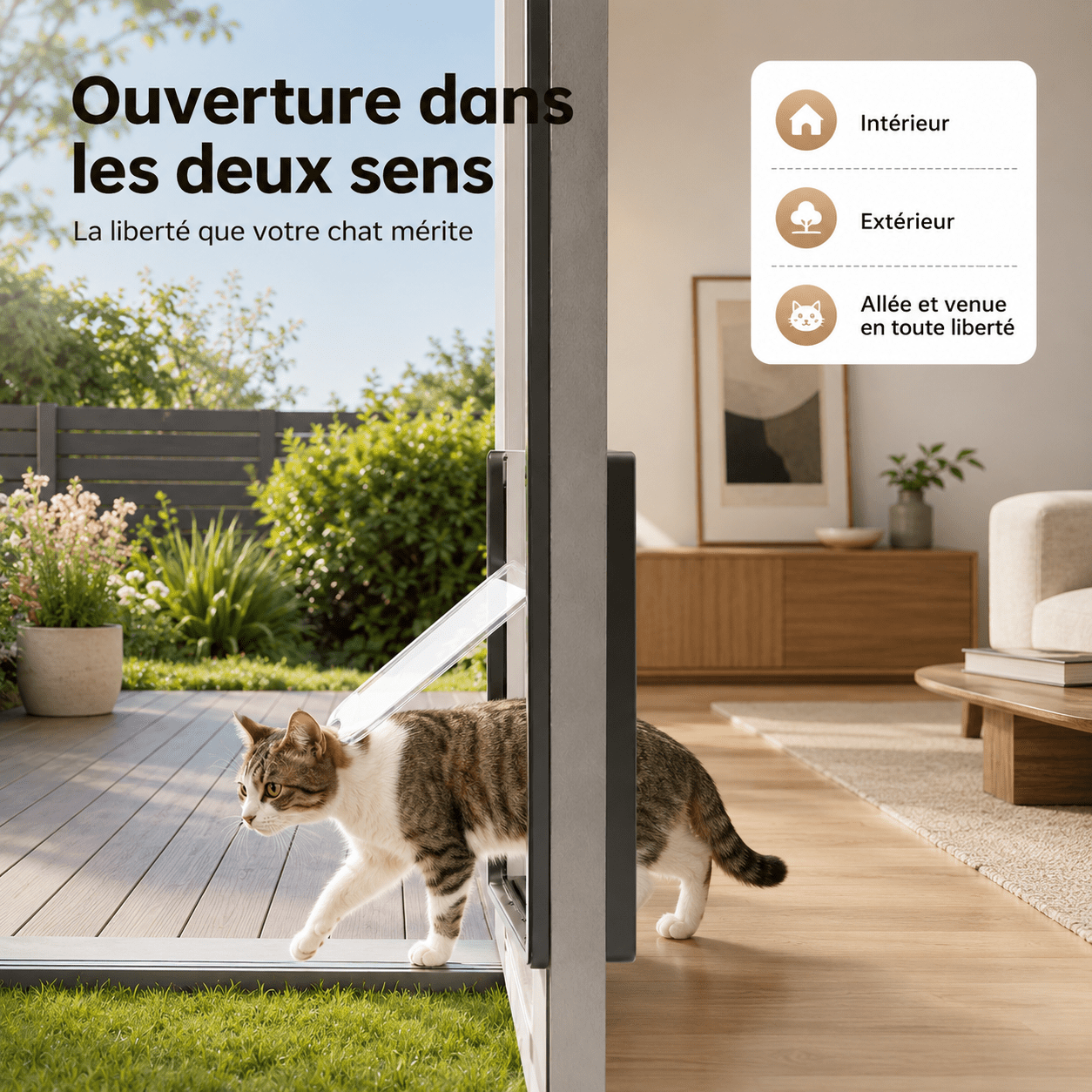 Chatière 4 positions pour chat installée dans un intérieur lumineux moderne