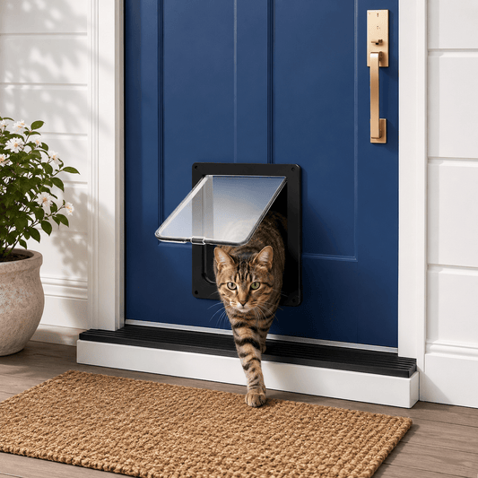 Chat tabby sortant par une chatière noire installée sur une porte blanche – mise en situation extérieure sur terrasse