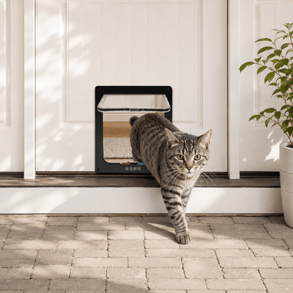Chat sortant par une chatière installée sur une porte d'entrée bleue – mise en situation extérieure
