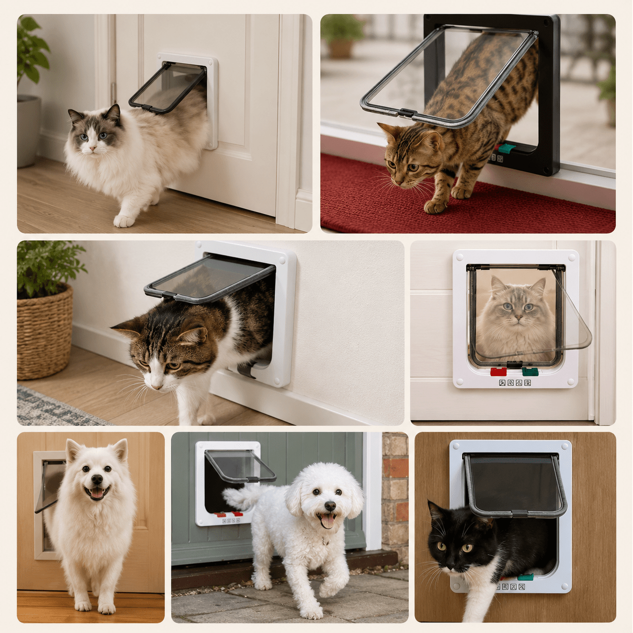 Collage de chats et petits chiens utilisant une chatière – différentes races et couleurs de cadres blanc et noir
