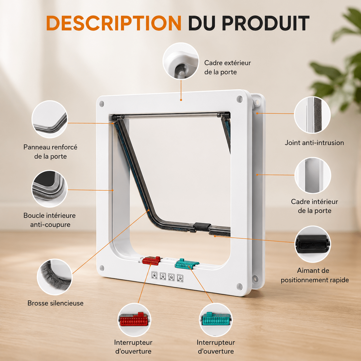 Description produit chatière – cadre, joint anti-intrusion, brosse silencieuse, aimant de positionnement