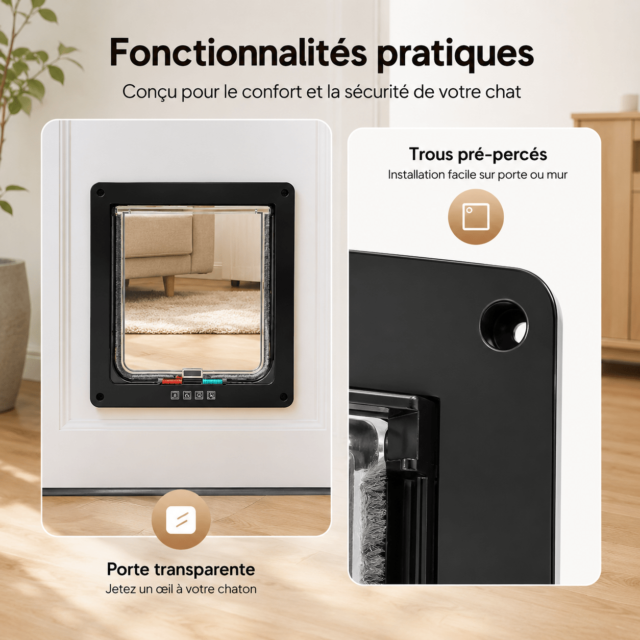 Chatière avec porte transparente et trous pré-percés – fonctionnalités pratiques pour chat