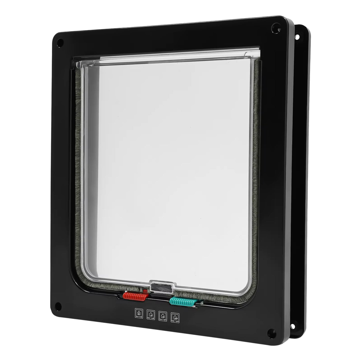 Chatière noire 4 positions vue trois quarts – battant transparent fermé et sélecteur de modes