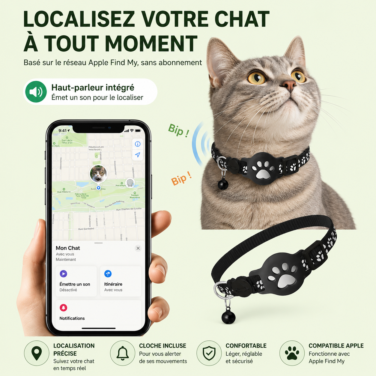 Collier GPS pour chat compatible Apple Find My – localisation en temps réel, haut-parleur intégré et cloche