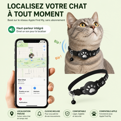 Collier GPS pour chat compatible Apple Find My – localisation en temps réel, haut-parleur intégré et cloche