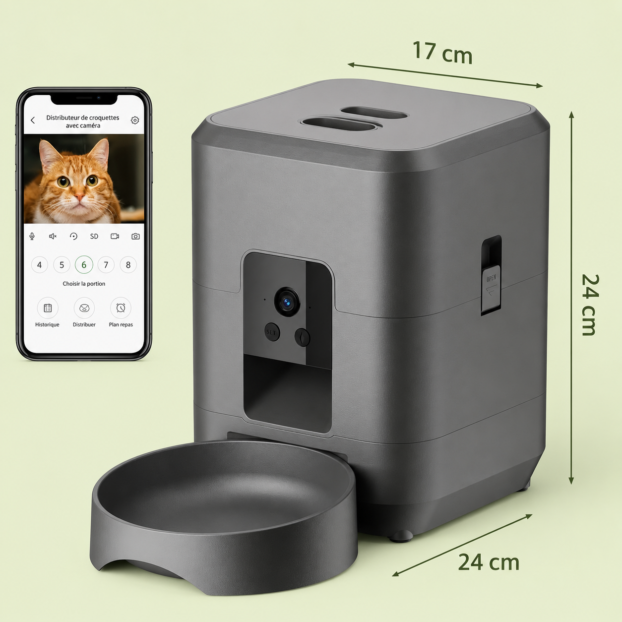 Dimensions du distributeur de croquettes avec caméra (17 × 24 × 24 cm) et application mobile de contrôle des portions