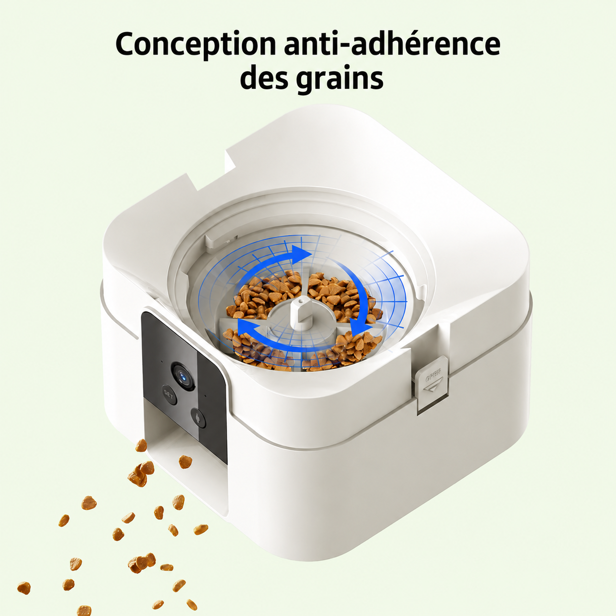Mécanisme rotatif anti-blocage du distributeur de croquettes évitant que les grains ne collent