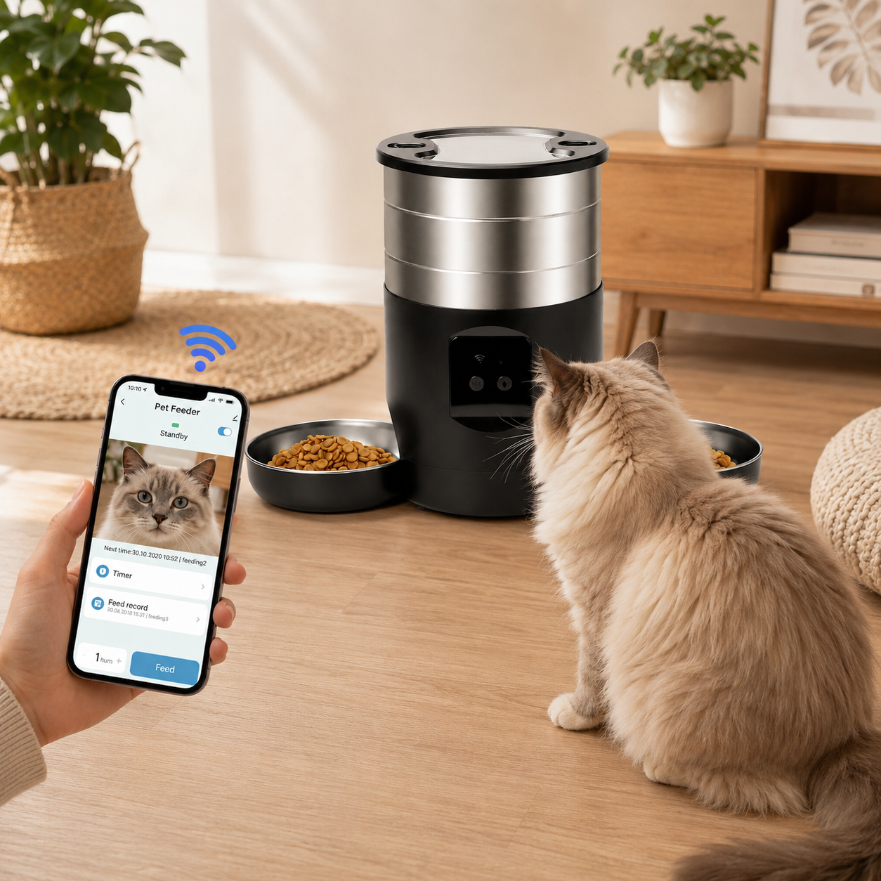 Distributeur de croquettes automatique pour chat piloté par application mobile