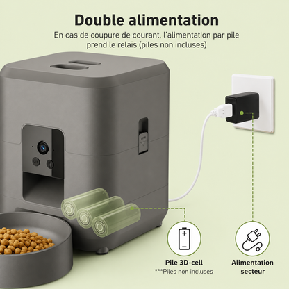 Distributeur de croquettes pour chat à double alimentation : secteur et piles de secours (3 piles D non incluses) en cas de coupure de courant »