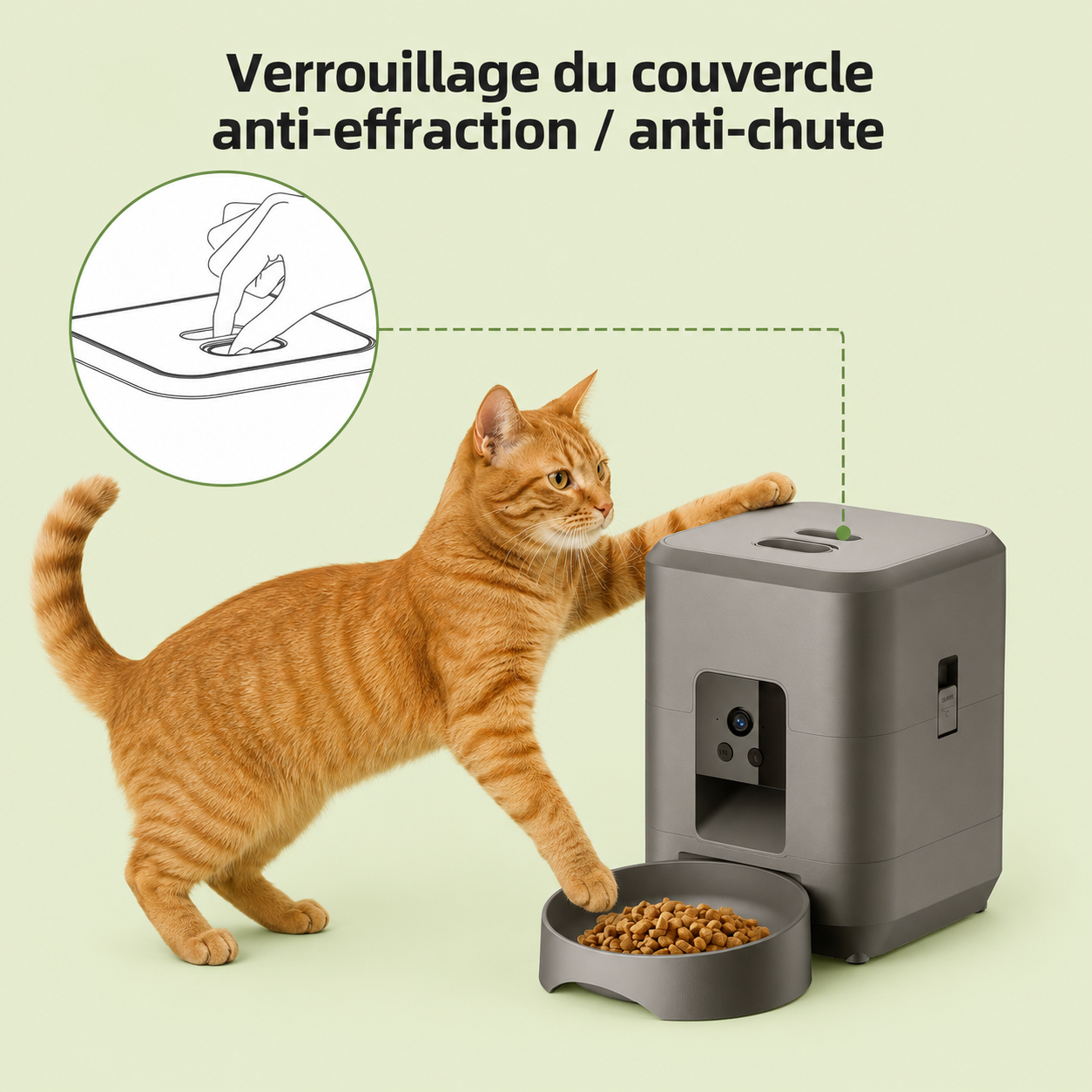 Distributeur de croquettes pour chat à couvercle verrouillable anti-effraction et anti-chute