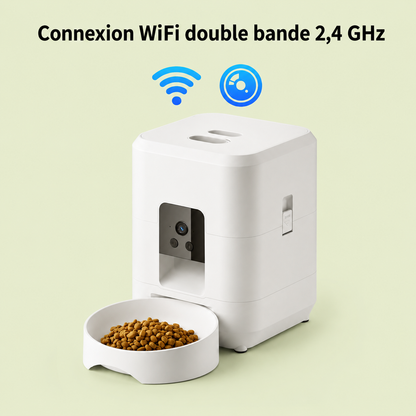 Distributeur de croquettes connecté pour chat en WiFi 2,4 GHz, coloris blanc