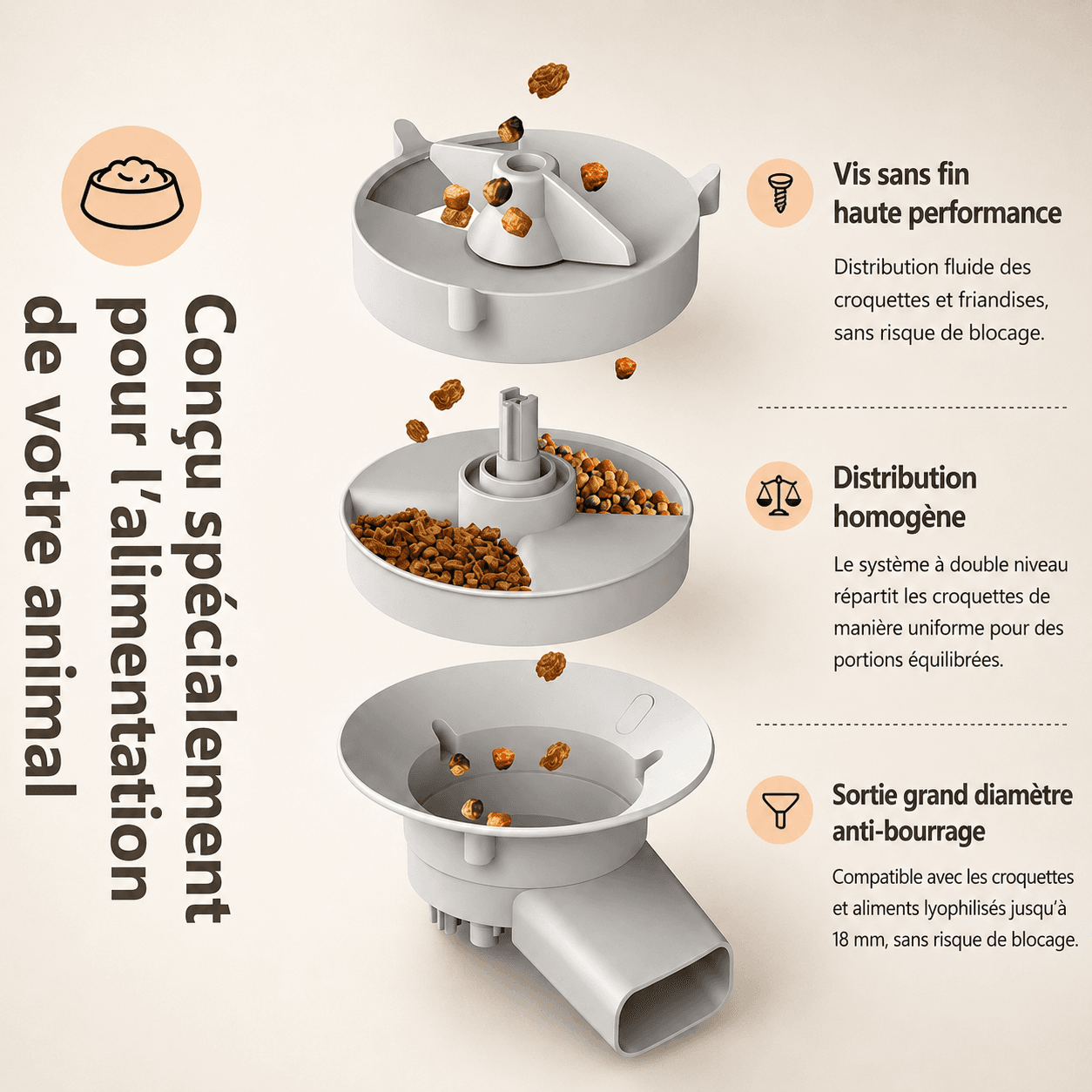 Distributeur de croquettes pour chat avec système anti-bourrage