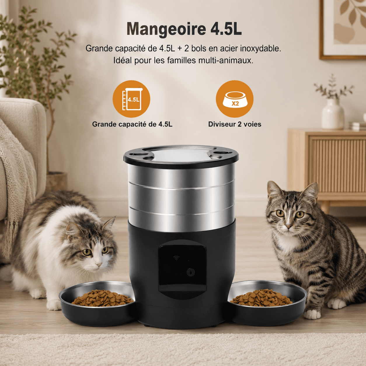 Distributeur de croquettes connecté double gamelle pour chat et chien