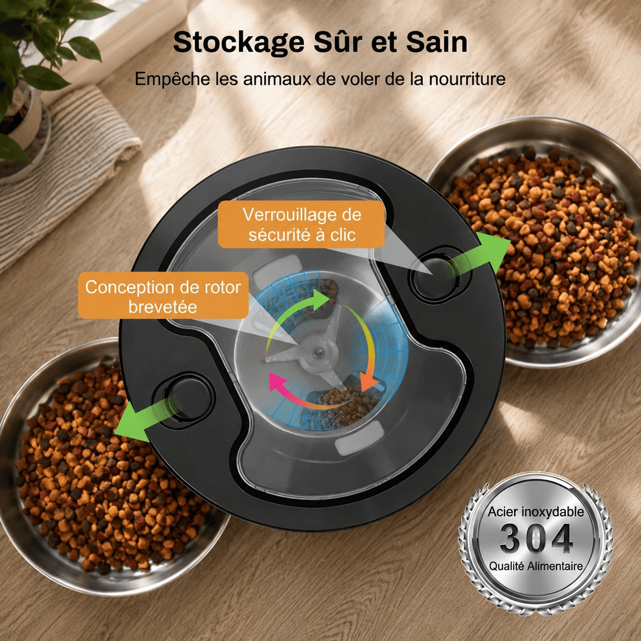 Distributeur de croquettes automatique avec deux gamelles en acier inoxydable