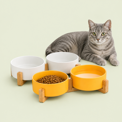 Chat gris allongé près de doubles gamelles en céramique sur support en bambou, remplies de croquettes