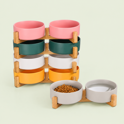 Gamelles en céramique empilables multicolores et double gamelle grise pour chat avec support en bambou