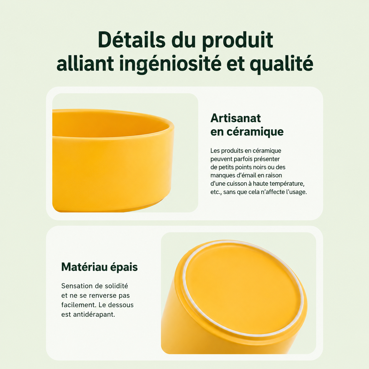 Détails de la double gamelle en céramique : artisanat céramique et matériau épais antidérapant