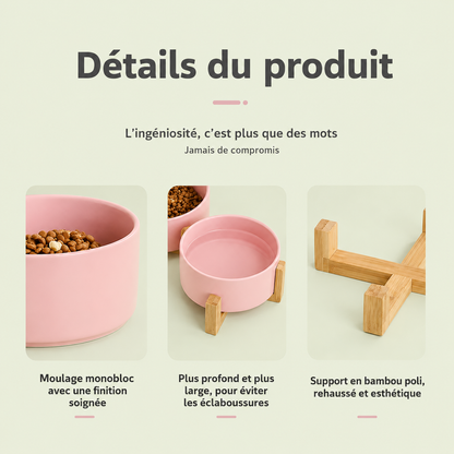 Détails de la double gamelle rose : moulage monobloc, bol profond anti-éclaboussures et support en bambou