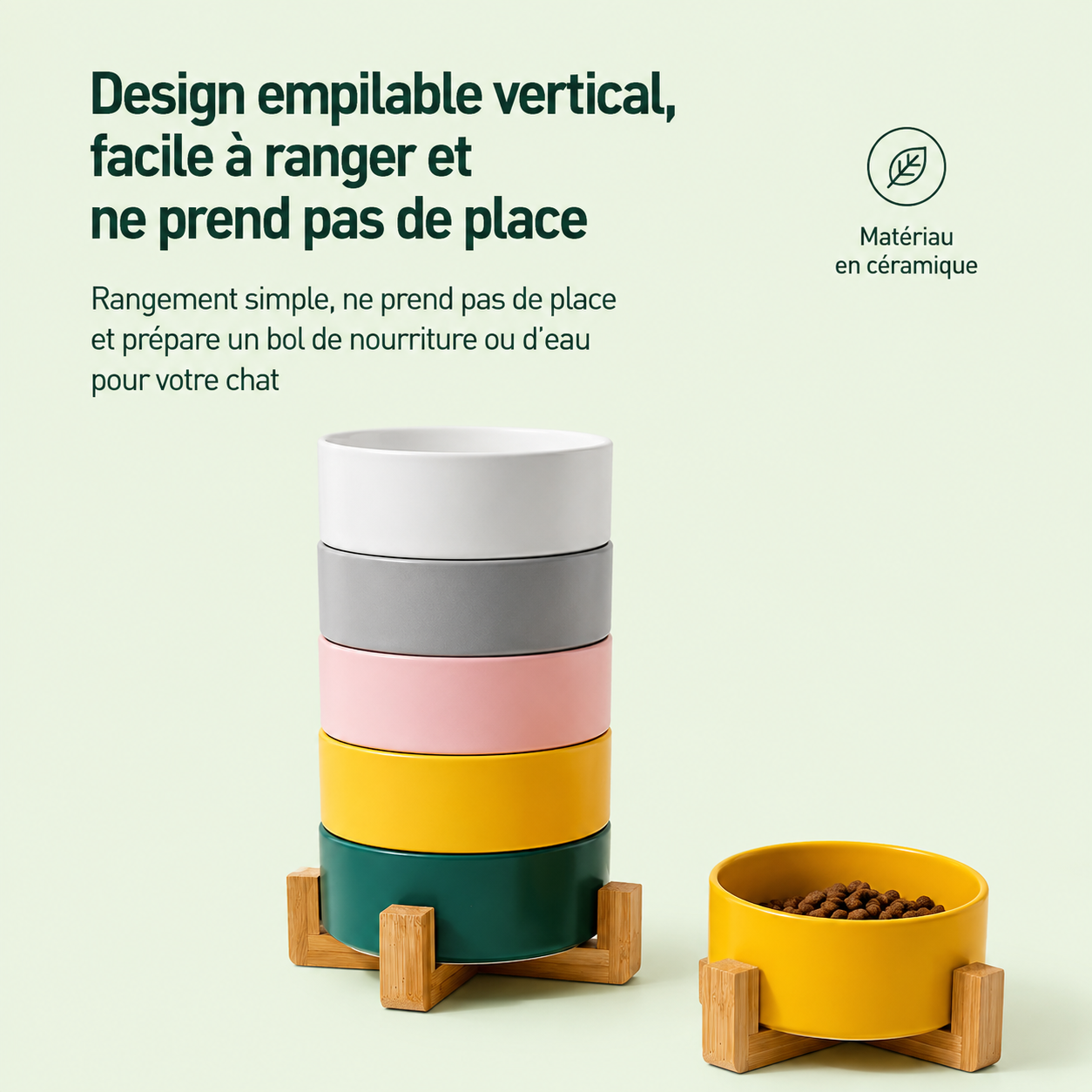 Bols en céramique empilables pour un rangement facile, avec support en bambou