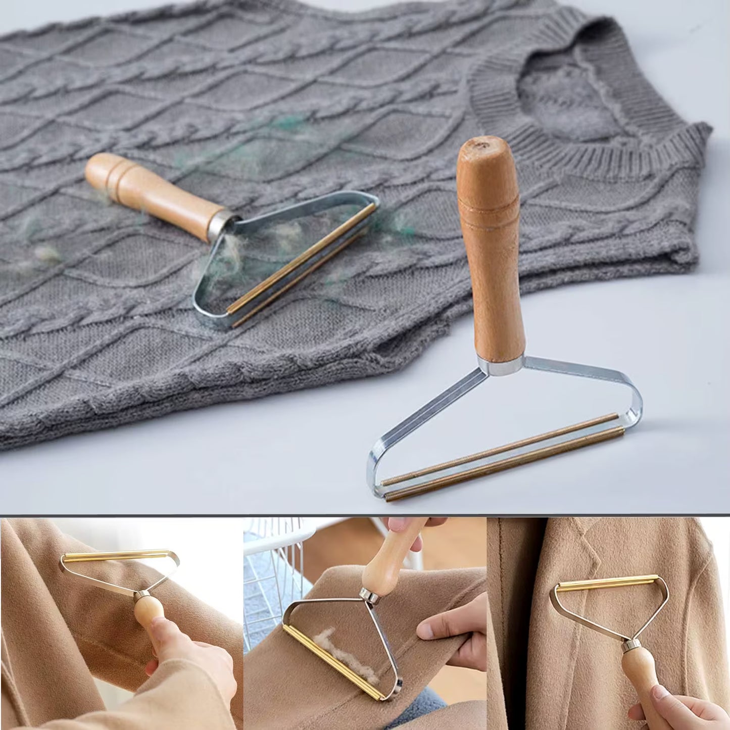 Épilateur à peluches manuel en métal et bois posé sur un pull en laine gris, avec démonstration d'utilisation sur vêtements