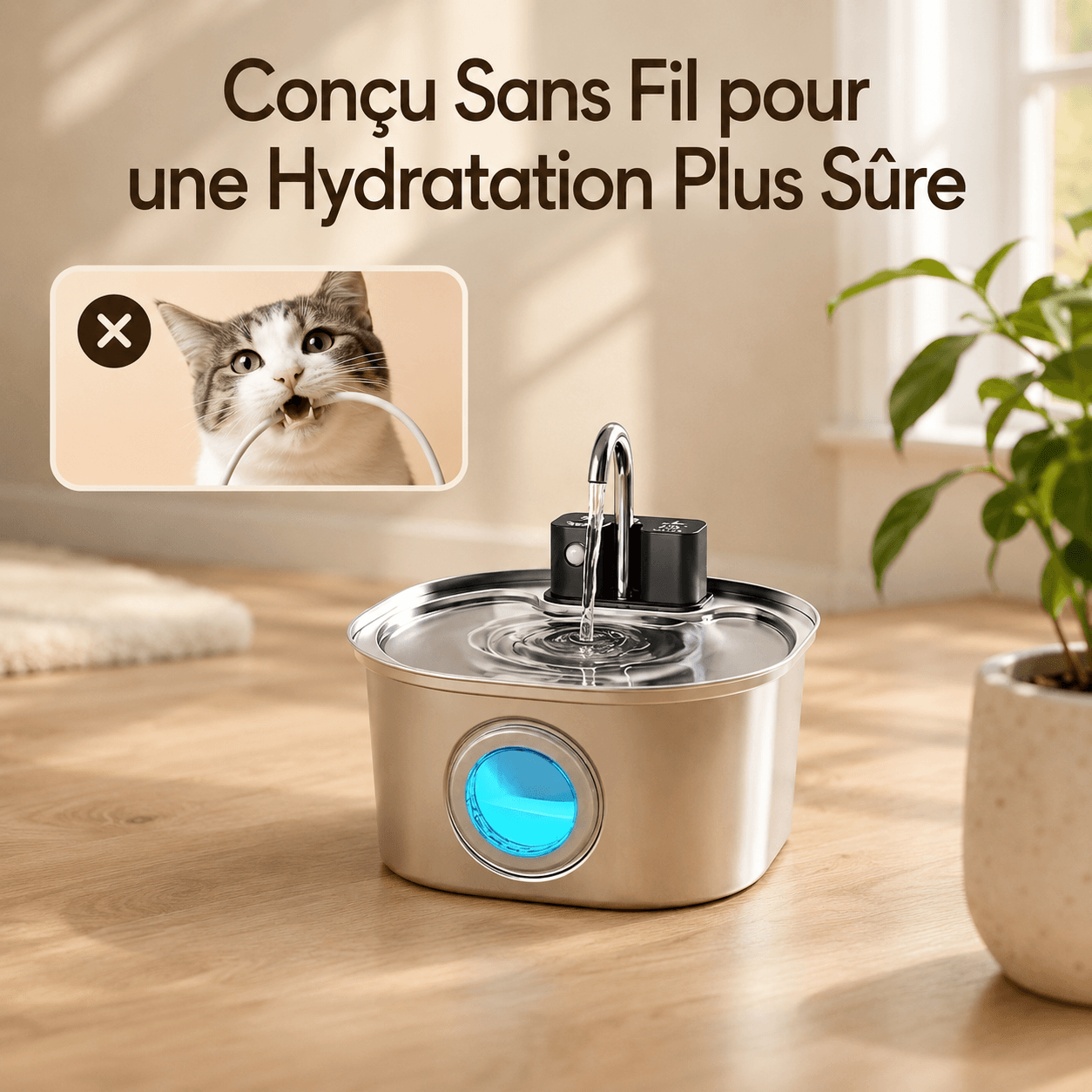Fontaine à eau sans fil pour chat, hydratation plus sûre