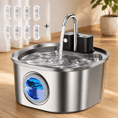 Fontaine à eau pour chat en acier inoxydable, gros plan