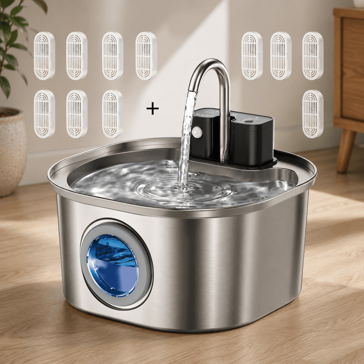Fontaine à eau pour chat en acier inoxydable avec filtres de rechange inclus