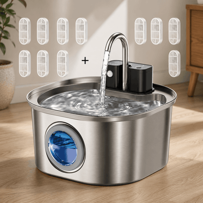 Fontaine à eau pour chat en acier inoxydable avec filtres de rechange inclus