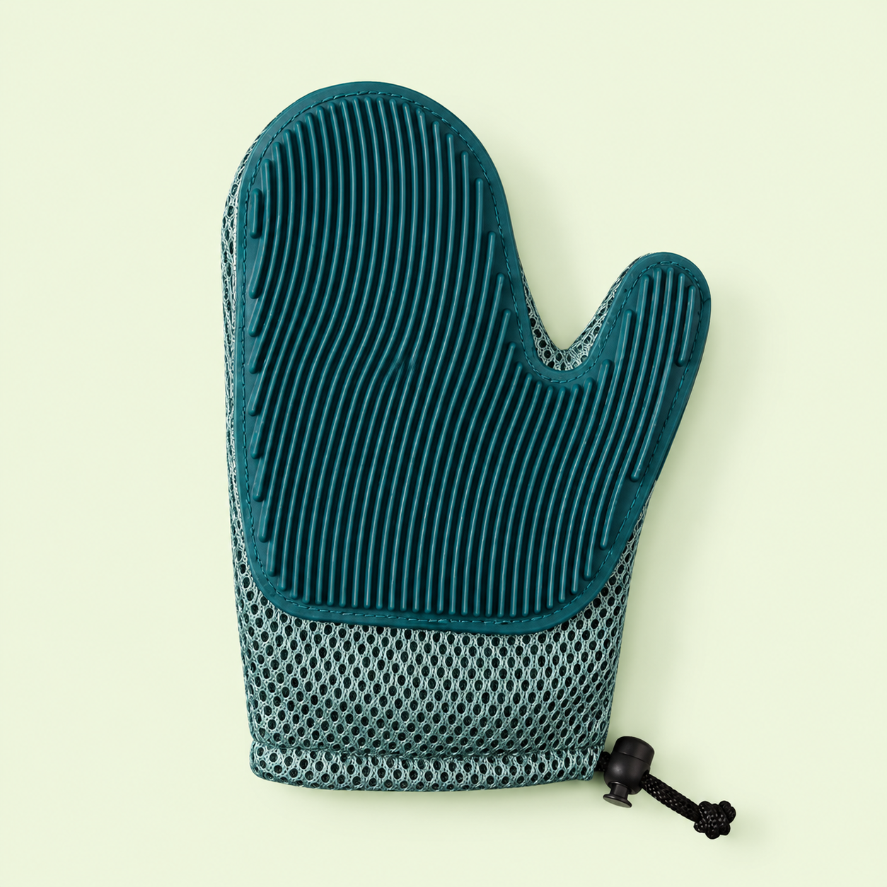 Gant de toilettage pour chat coloris bleu canard, face à têtes souples