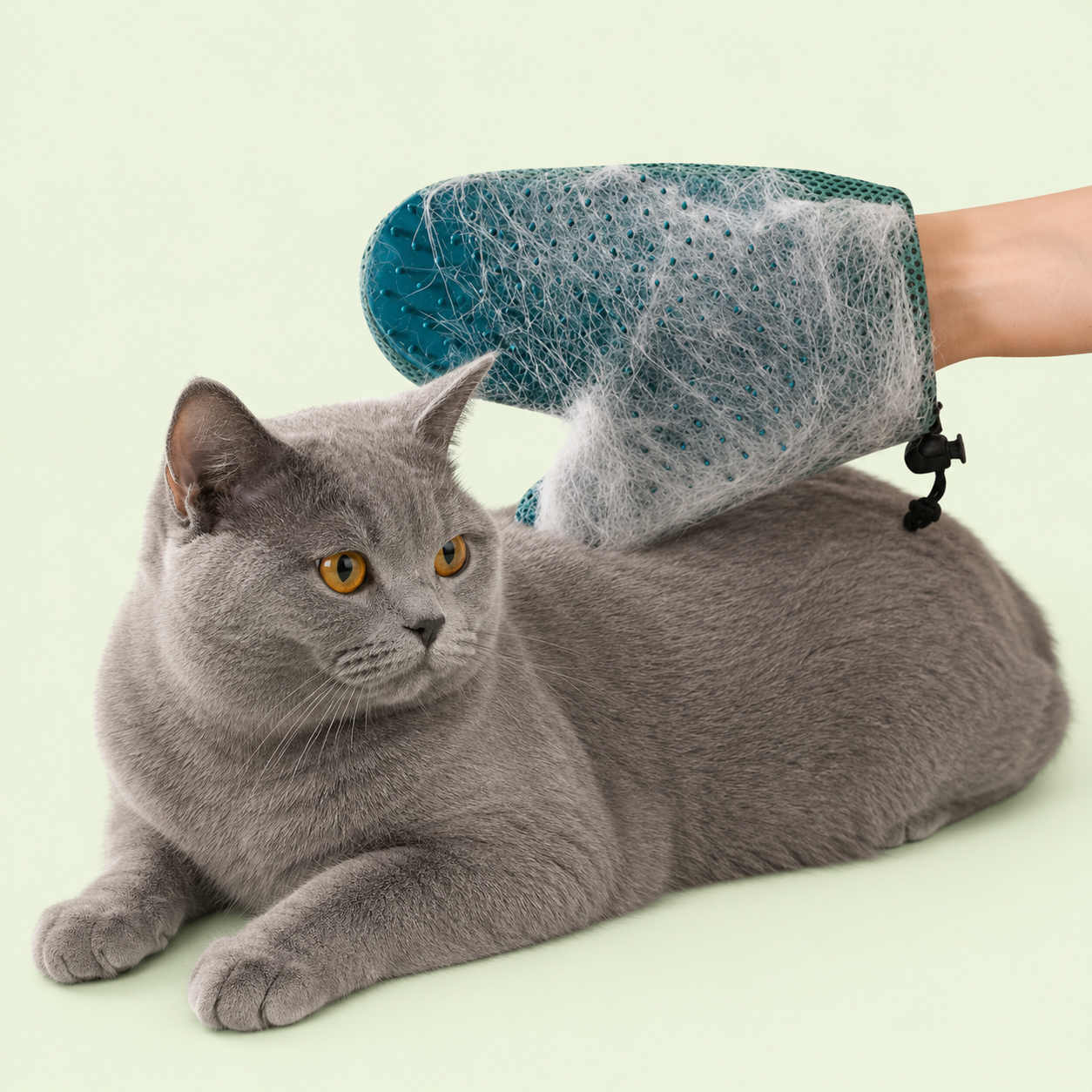 Gant de toilettage bleu canard couvert de poils morts après le brossage d'un chat gris