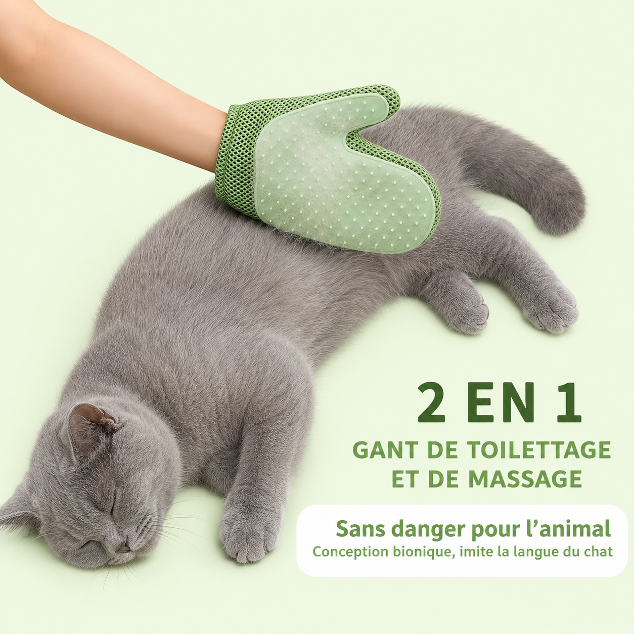 Gant de toilettage et de massage 2-en-1 pour chat, conception souple qui imite la langue du chat