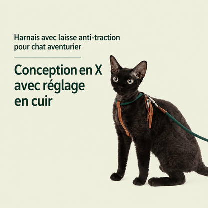 Chat noir portant le harnais à conception en X qui limite l'entortillement
