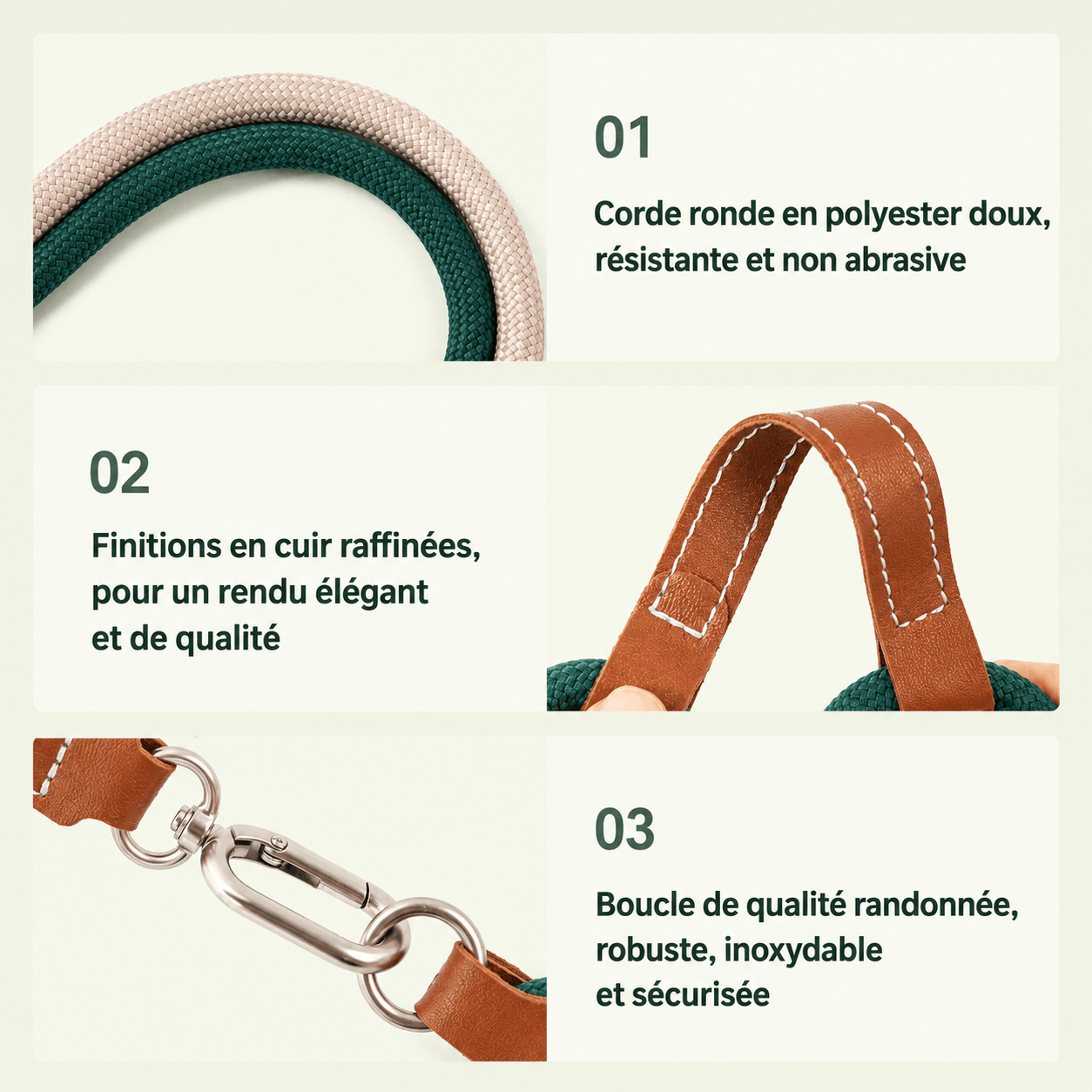 Détails du harnais pour chat : corde ronde tressée, finitions en cuir et mousqueton inoxydable