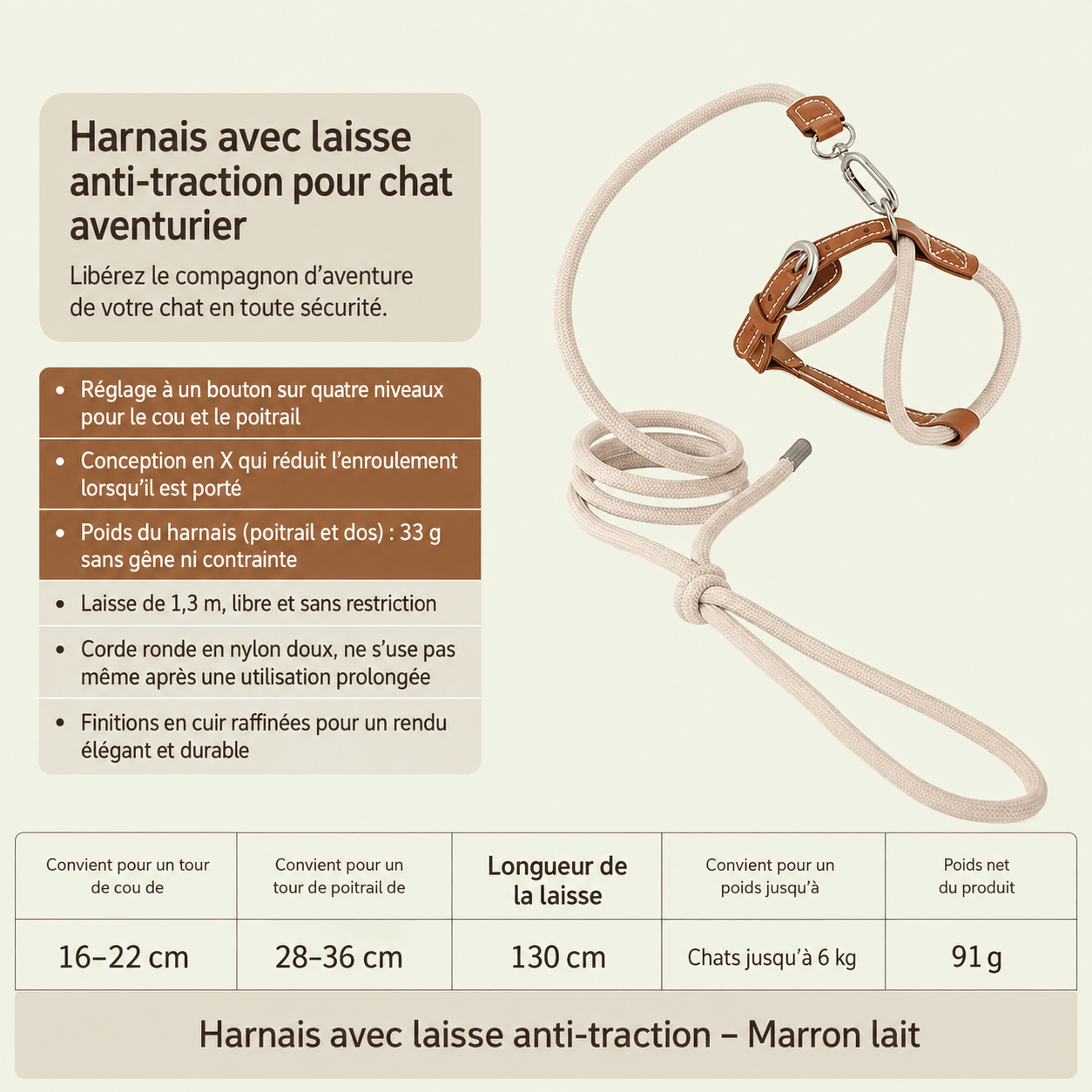 Harnais et laisse pour chat marron avec dimensions : cou 16-22 cm, poitrail 28-36 cm