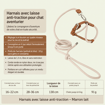 Harnais et laisse pour chat marron avec dimensions : cou 16-22 cm, poitrail 28-36 cm