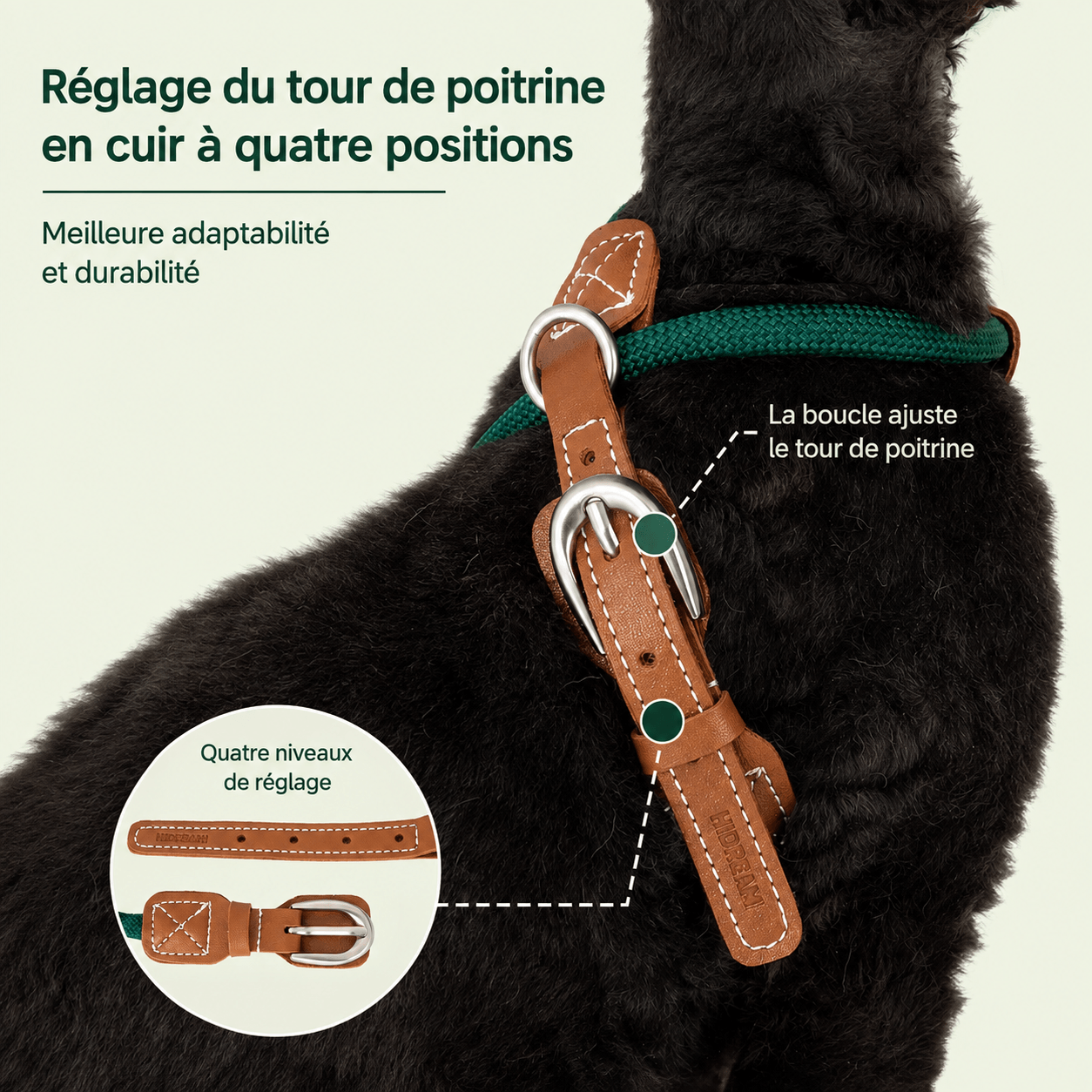 Boucle en cuir du harnais pour chat avec quatre positions de réglage du tour de poitrail