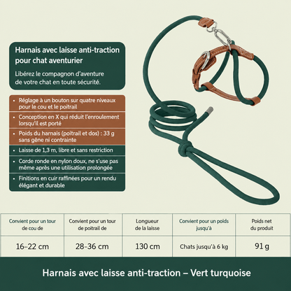 Harnais et laisse pour chat vert sapin avec dimensions : cou 16-22 cm, poitrail 28-36 cm