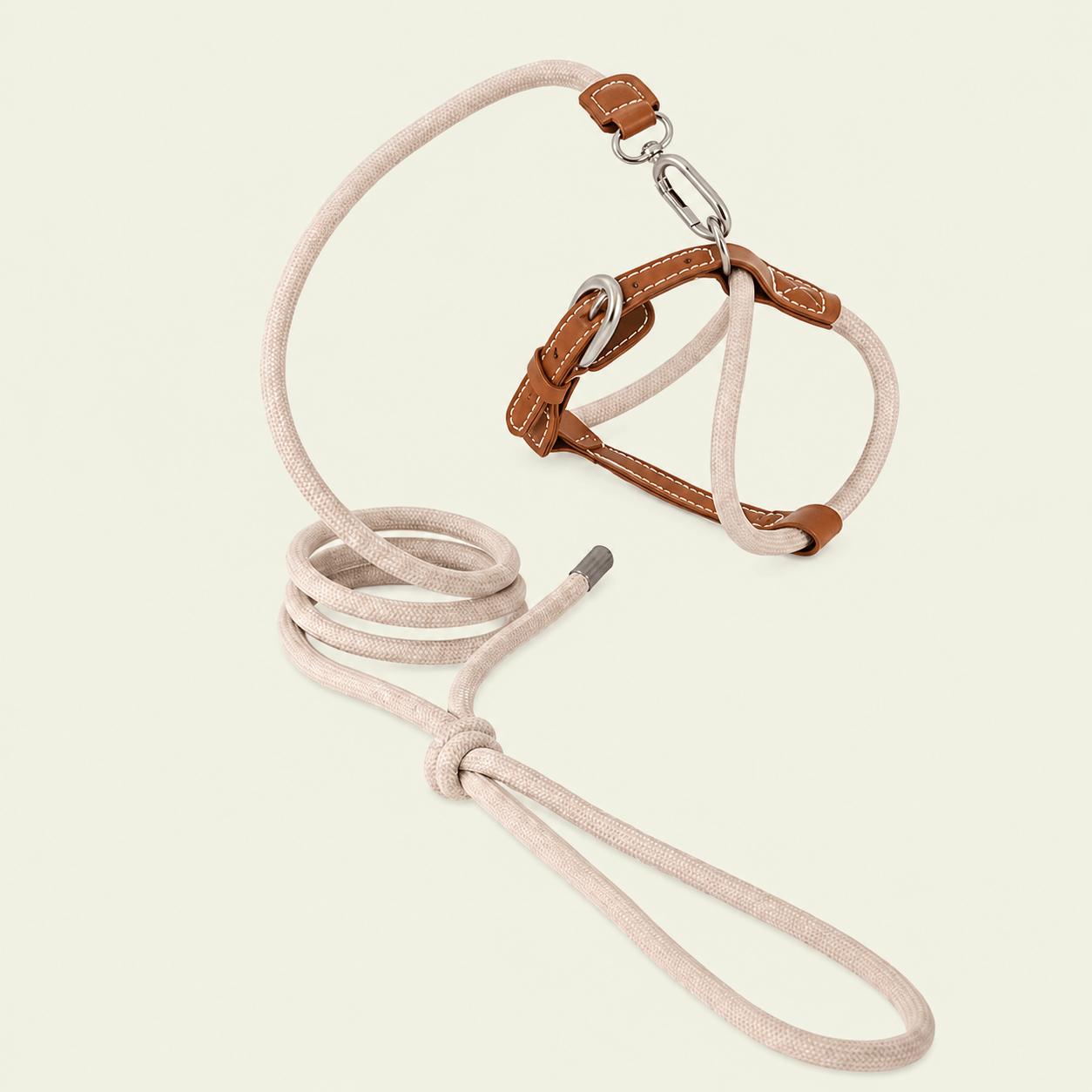 Ensemble harnais et laisse pour chat coloris marron lait avec finitions en cuir