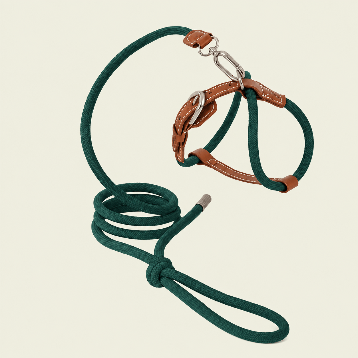 Ensemble harnais et laisse pour chat coloris vert sapin avec finitions en cuir