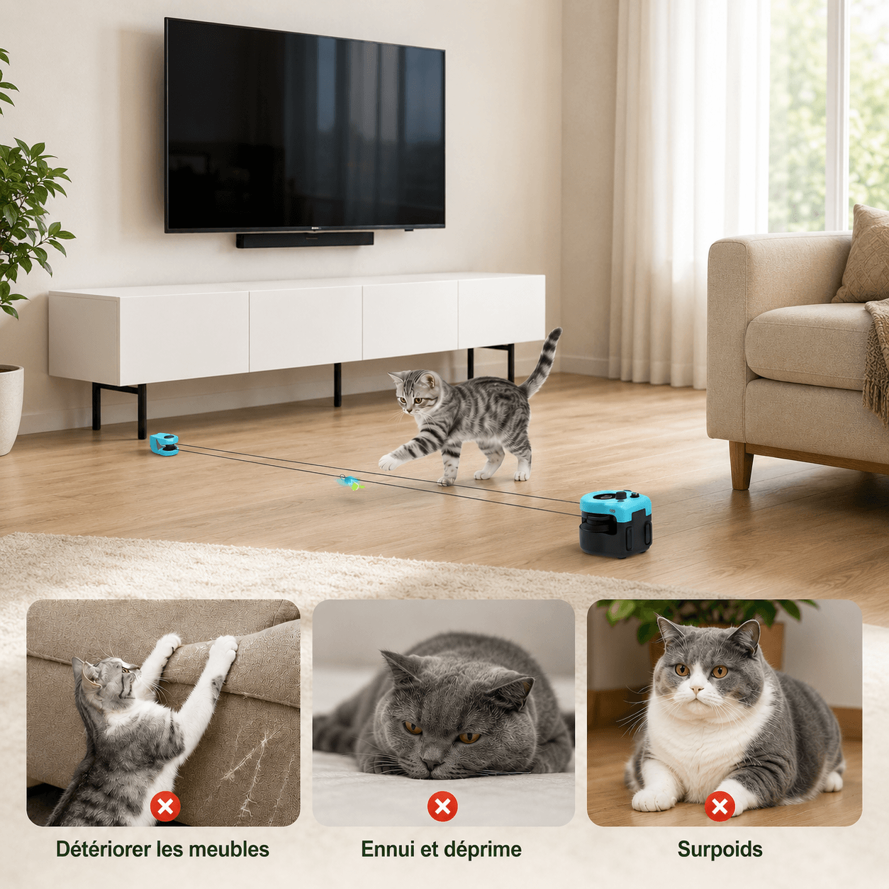 Jouet de chasse pour chat en action dans un salon, contre l'ennui, les griffades et le surpoids