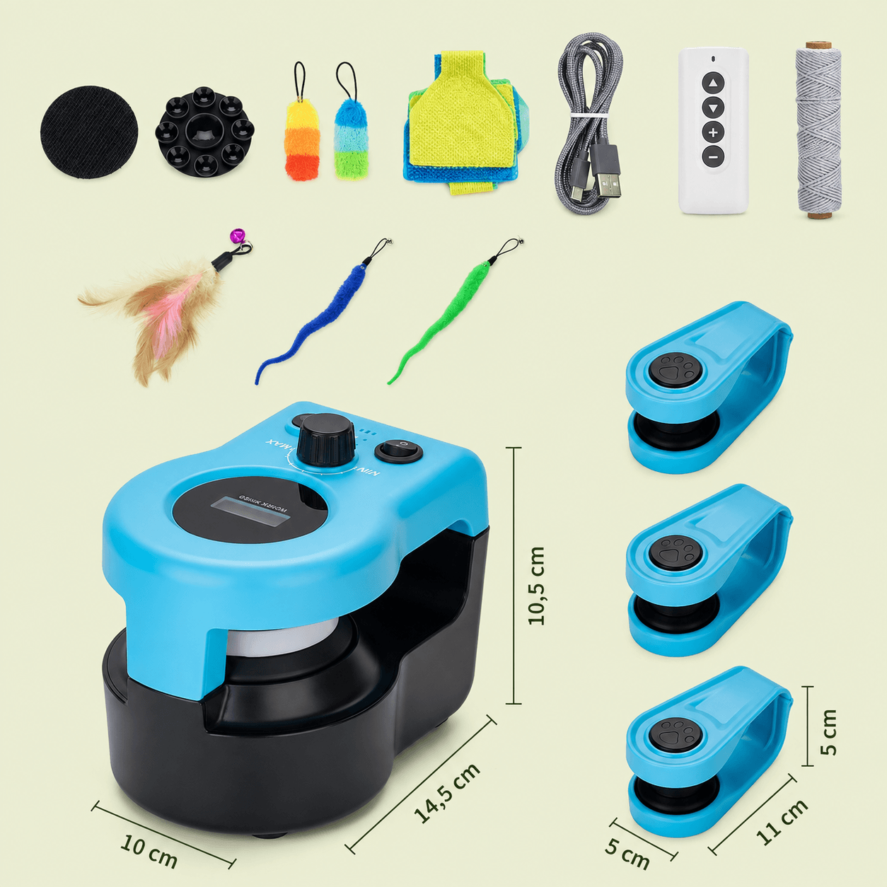 Contenu du colis du jouet de chasse pour chat avec dimensions du bloc moteur 14,5 cm et des poulies