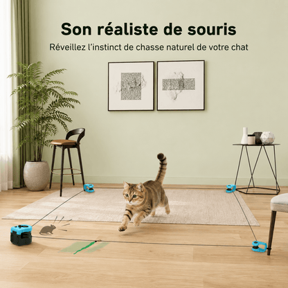 Chat bondissant vers le jouet de chasse qui émet un son réaliste de souris