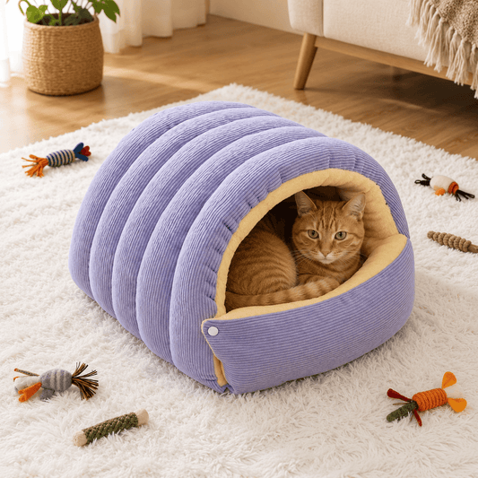 Lit grotte pour chat en tissu peluche, coloris violet