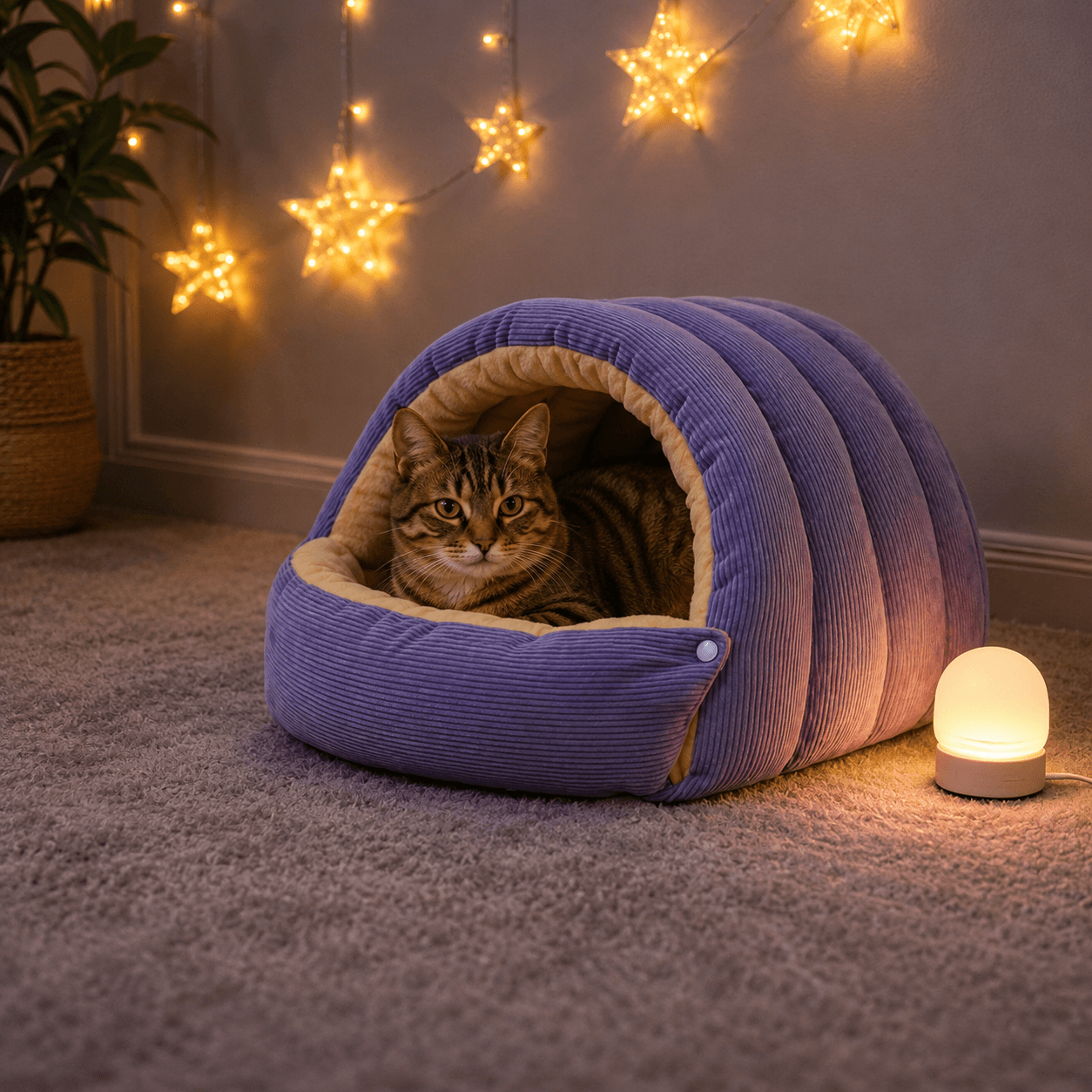 Lit grotte pour chat avec guirlande lumineuse, ambiance chaleureuse