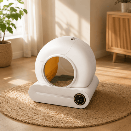 Litière automatique intelligente pour chat, forme ronde blanche