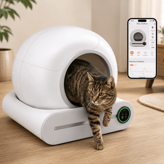 Litière automatique pour chat avec un chat à l'intérieur