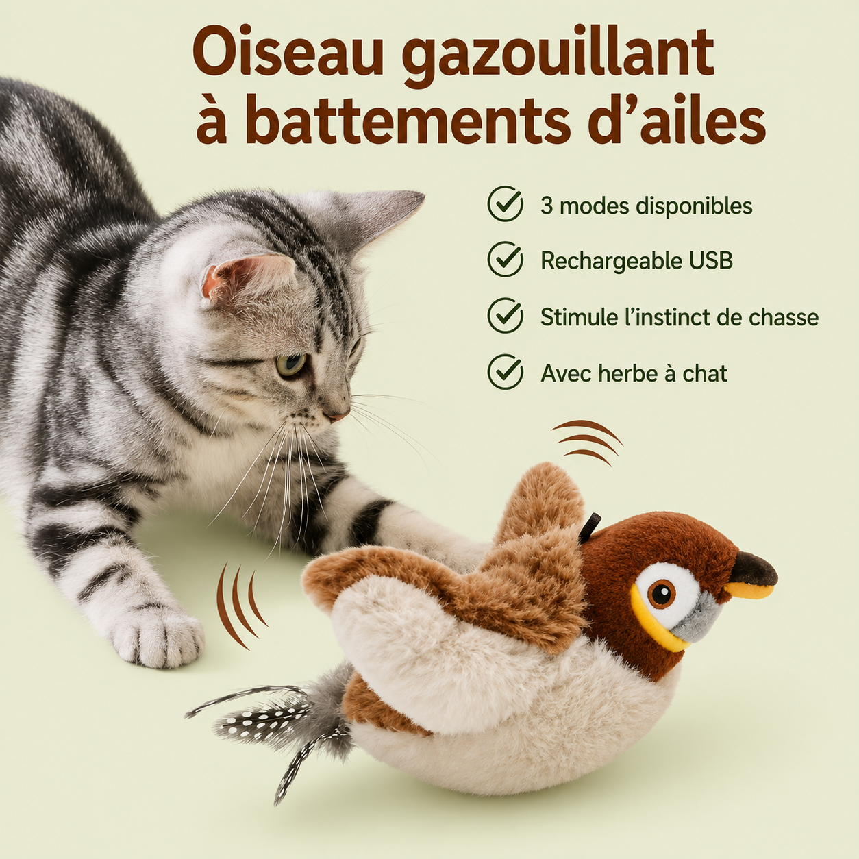Chat tigré gris jouant avec l'oiseau en peluche : 3 modes, recharge USB et herbe à chat